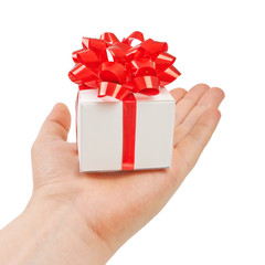 Red gift box in his hands, give, isolated on white background