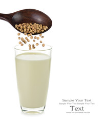soybeans on wooden spoons and soy milk isolated on white
