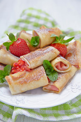 Fresh Strawberry French Crepes with Mint for Breakfast