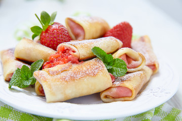 Fresh Strawberry French Crepes with Mint for Breakfast