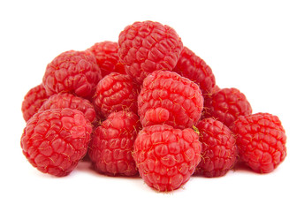 Buch of ripe raspberries on a white background.