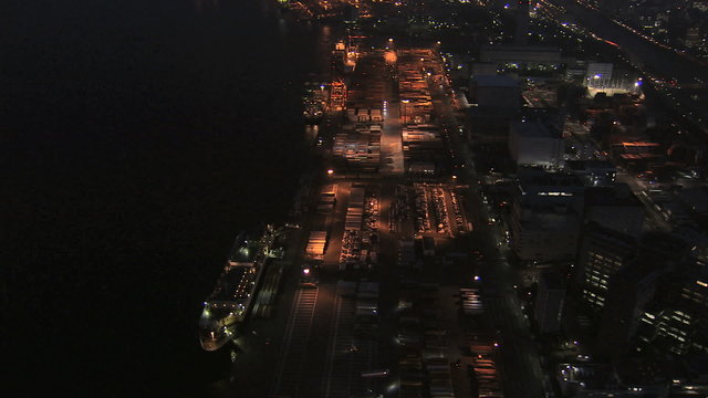 Aerial illuminated Port of Tokyo container terminal Pacific Ocean Japan