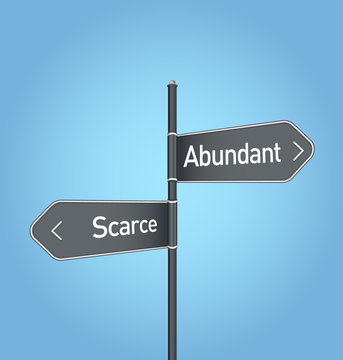 Abundant vs scarce choice road sign on blue background