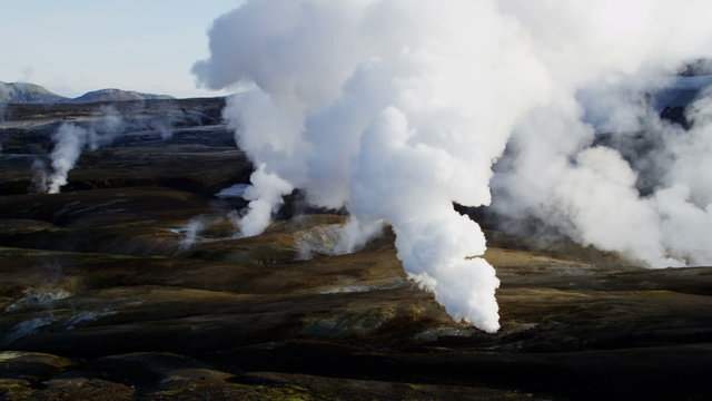 Aerial steam venting volcanic active area thermal energy Landmannalaugar