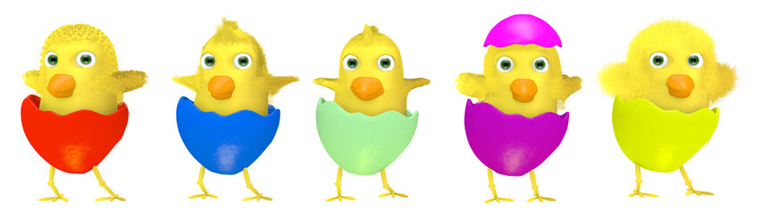 Group of cartoon Easter chickens isolated on white