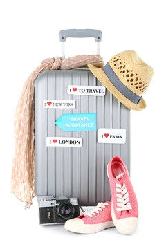 Travel suitcase and tourist stuff with inscription  travel
