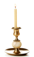 Retro candlestick with candle, isolated on white