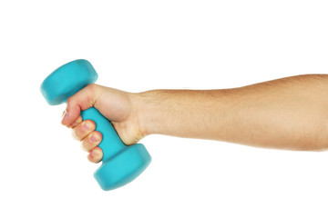 Male hand with dumbbell isolated on white
