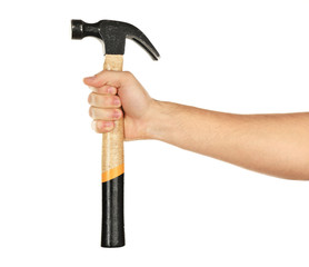Male hand with hammer isolated on white