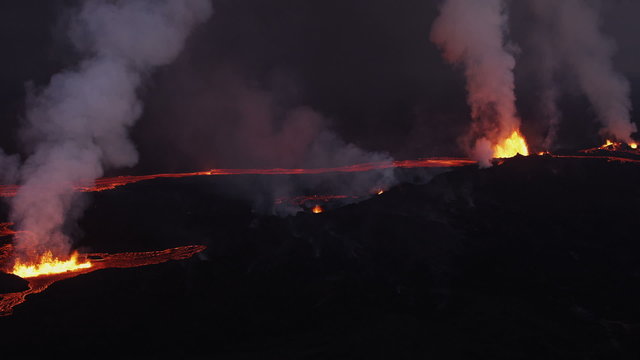 Aerial Flowing Molten Lava Holuhraun Volcano Erupting Fissures Magma Iceland