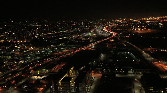 Aerial illuminated view City buildings suburbs, San Francisco, USA