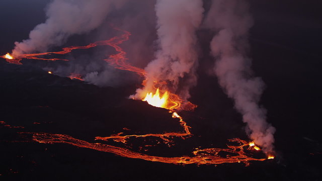 Aerial Night Volcano Lava Holuhraun Seismic Activity Land Fissures Iceland 