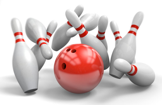 Red bowling ball knocking over pins in a perfect strike