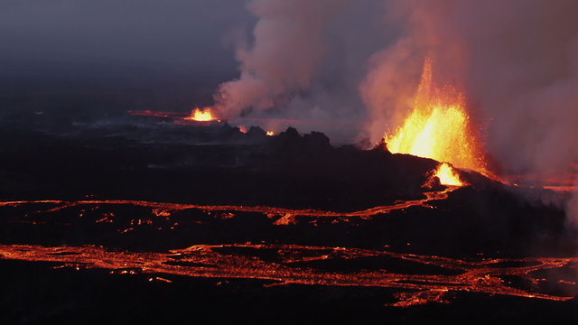 Aerial Flowing Molten Lava Holuhraun Volcano Erupting Fissures Magma Iceland