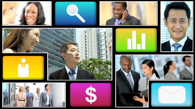 Montage video ethnic businessmen communication touch screen motion graphics