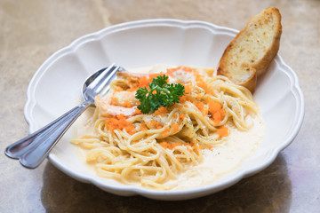 Spicy ebiko  spaghetti with prawn and scallop