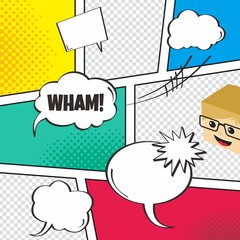 comic template element with speech bubble and halftone art