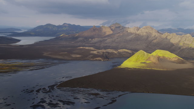 Aerial Icelandic Mountain Lake Region Fertile Tundra Volcanic Area Iceland 