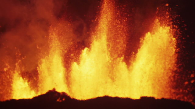 Night Scenic Fire Volcanic Molten Lava Exploding Magma Open Fissures Iceland 