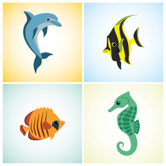4 marine life on a colorful background
