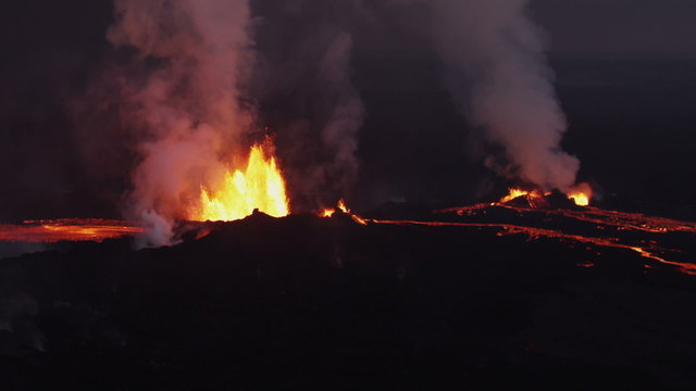 Aerial Night Volcano Lava Holuhraun Seismic Activity Land Fissures Iceland 