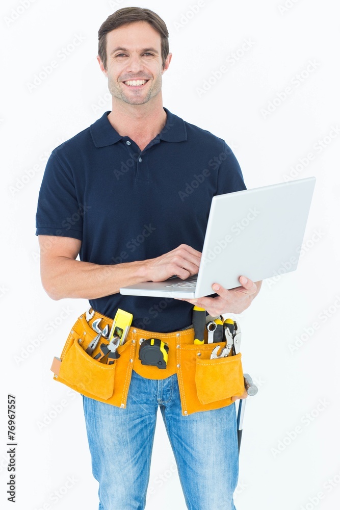 Poster confident architect using laptop