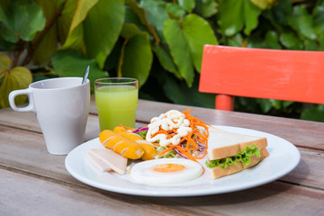 set of american breakfast with coffee and juice