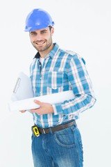 Confident architect holding bluprint and clipboard