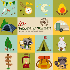 Square Woodland Animal Camping Vector Set