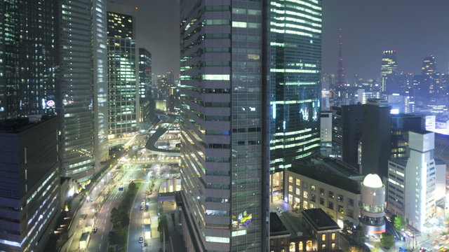 Time lapse Tokyo city Metropolis illuminated Tokyo Tower elevated monorail Japan 
