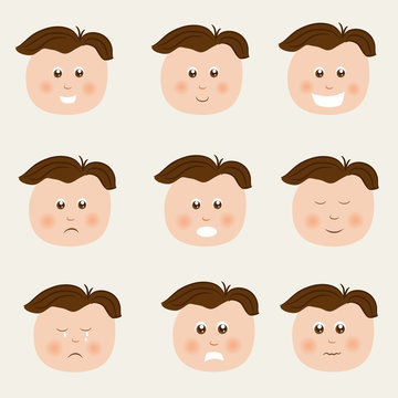 Cute boy cartoon with different facial expressions.