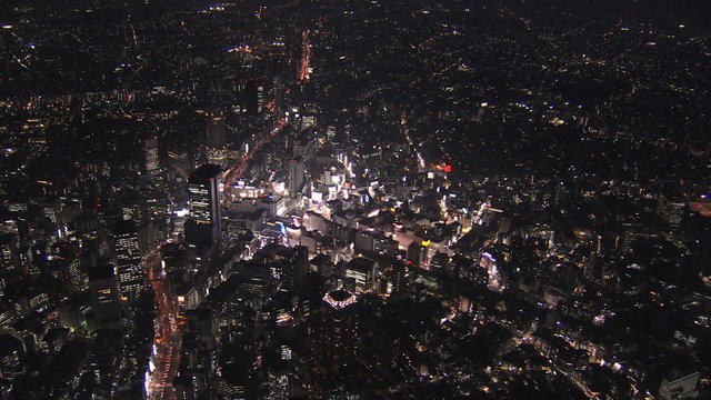Aerial Metropolis night Tokyo  illuminated entertainment district Shinjuku Japan 