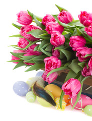 bouquet of multicolored   tulip flowers in white pot