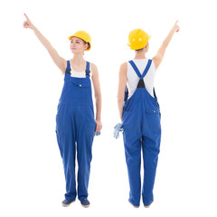 front and back view of young woman builder pointing at something