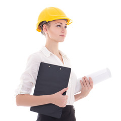 business woman architect in yellow builder helmet isolated on wh