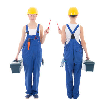 front and back view of young beautiful woman builder in workwear