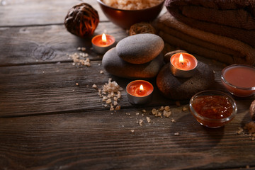 Composition of spa treatment on wooden background