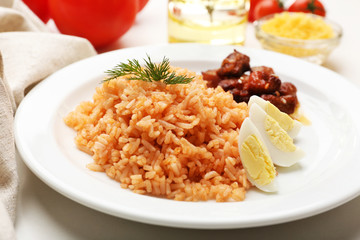Tasty rice served on table, close-up