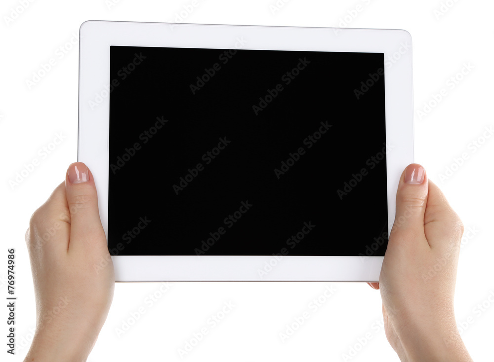 Poster Hands holding tablet PC isolated on white