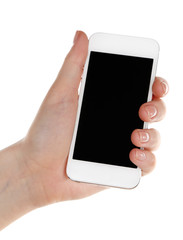 Hand holding mobile smart phone isolated on white