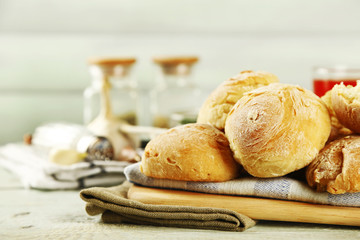 Fresh homemade bread buns from yeast dough with fresh garlic