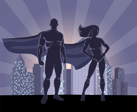 Superhero and female superhero silhouettes