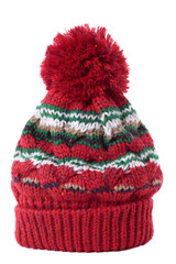 Red knitted pattern winter bobble ski knit hat isolated white background photo