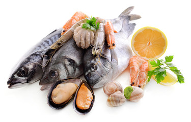 Fresh fish and other seafood isolated on white