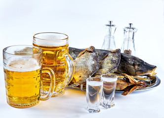 fish, beer mugs and dried fish