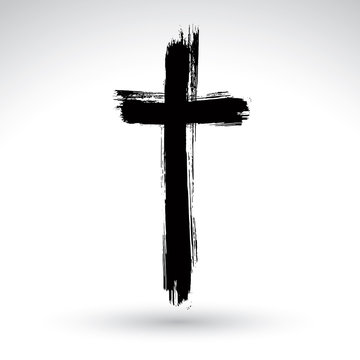 Naklejka Hand drawn black grunge cross icon, simple Christian cross sign,