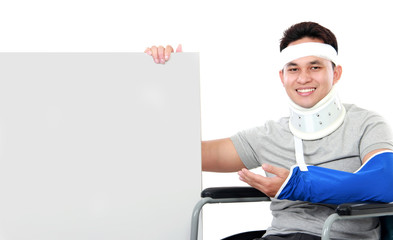 injured young man present the grey board