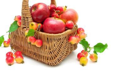 ripe apples in a wicker basket close up on a white background