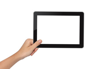 Female hand holding tablet pc isolated on white