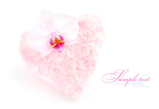 Fur pink heart with a flower orchid on white background
